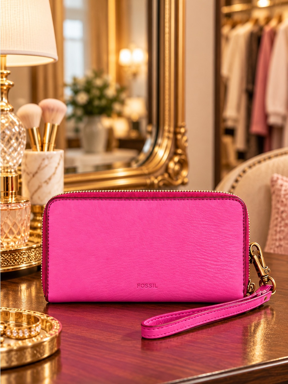Fossil Emma Large Zip Clutch Wallet Hot Pink Pebbled Leather Wristlet